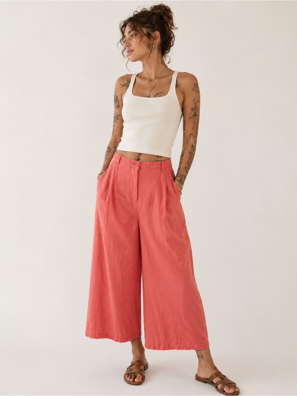 ModCloth M Spanish Coral Wide Leg Cropped Pants Retro Vintage Look Colorful Fun